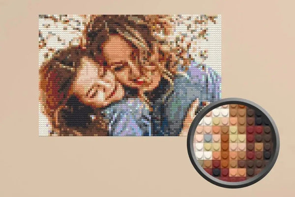 A brick mosaic of a mother and daughter shown on a living room wall, with a close-up of the 1×1 bricks (product mockup)