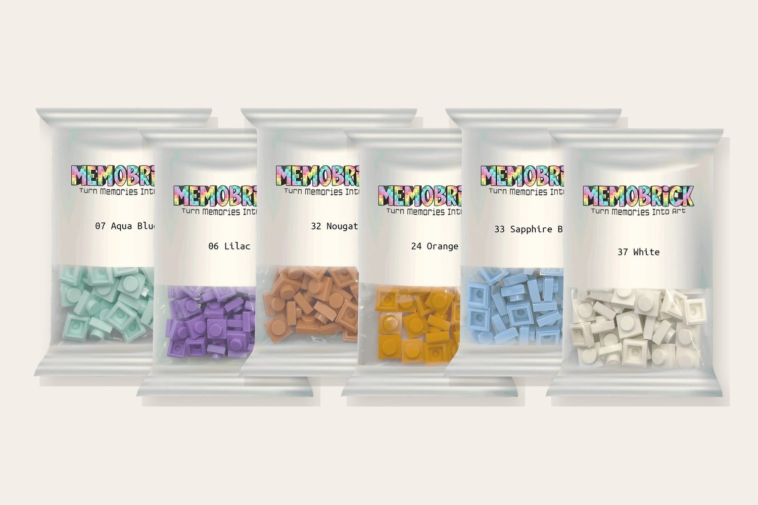 Memobrick bags of 1×1 bricks, each labeled with its color name and number